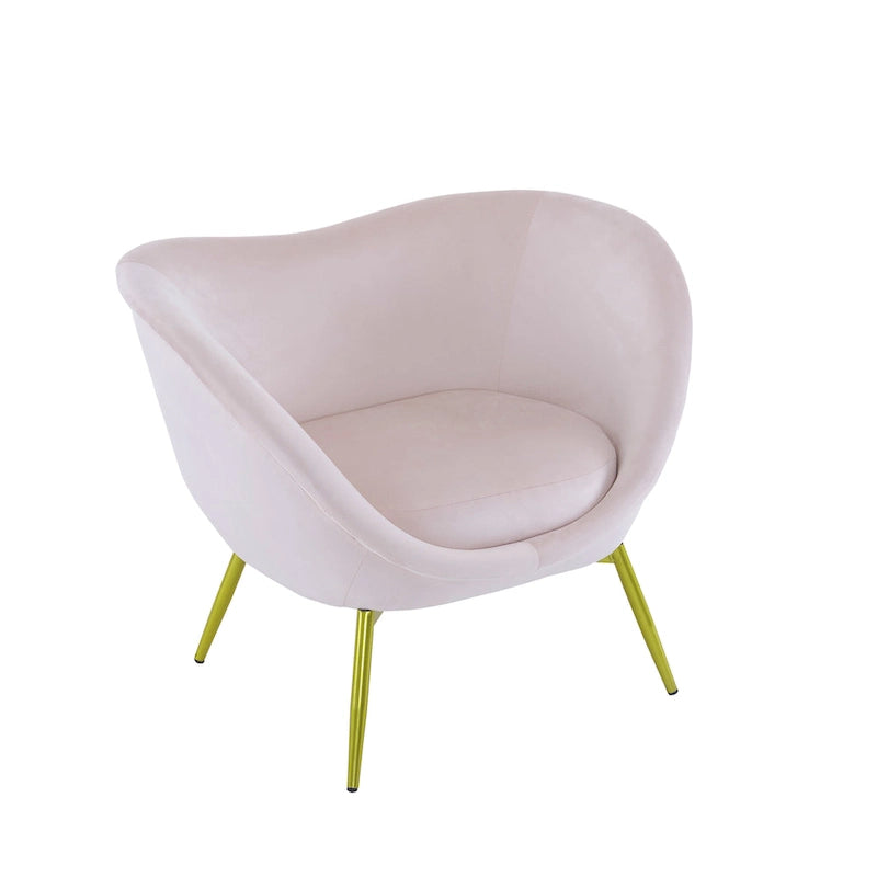 Fauteuil de salon moderne rembourré en peluche avec dossier incurvé et pieds dorés.