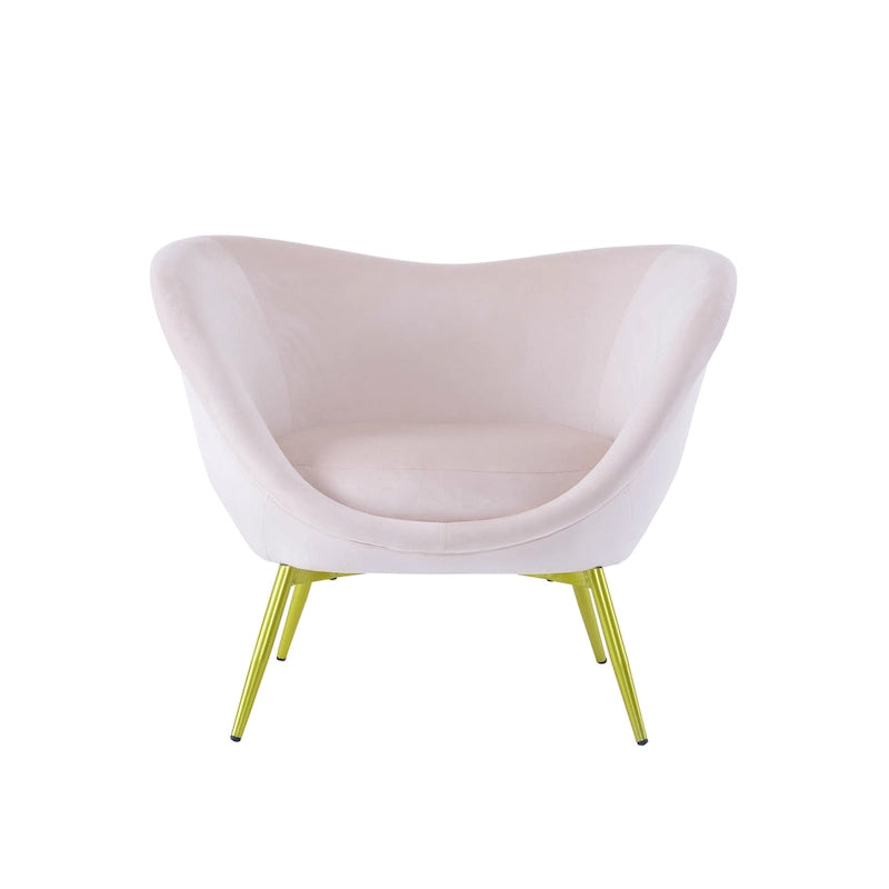 Fauteuil de salon moderne rembourré en peluche avec dossier incurvé et pieds dorés.