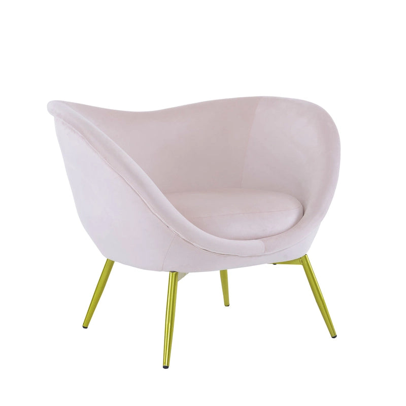 Fauteuil de salon moderne rembourré en peluche avec dossier incurvé et pieds dorés.