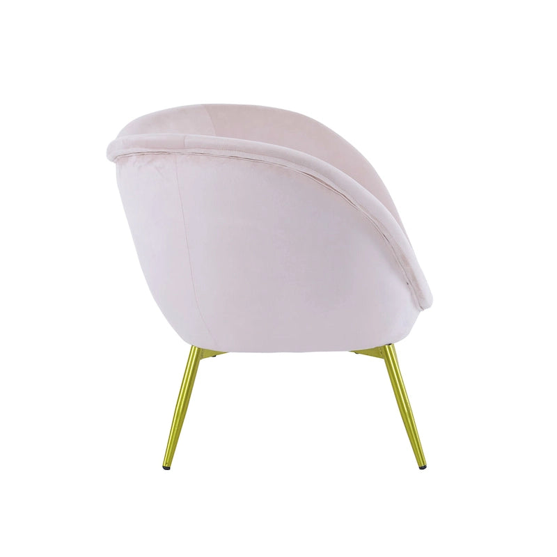 Fauteuil de salon moderne rembourré en peluche avec dossier incurvé et pieds dorés.