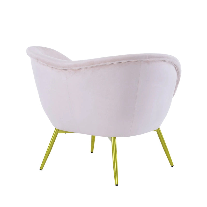 Fauteuil de salon moderne rembourré en peluche avec dossier incurvé et pieds dorés.