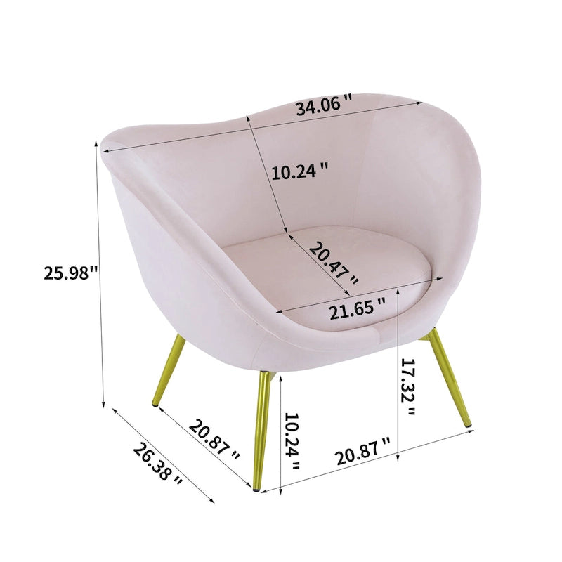 Fauteuil de salon moderne rembourré en peluche avec dossier incurvé et pieds dorés.