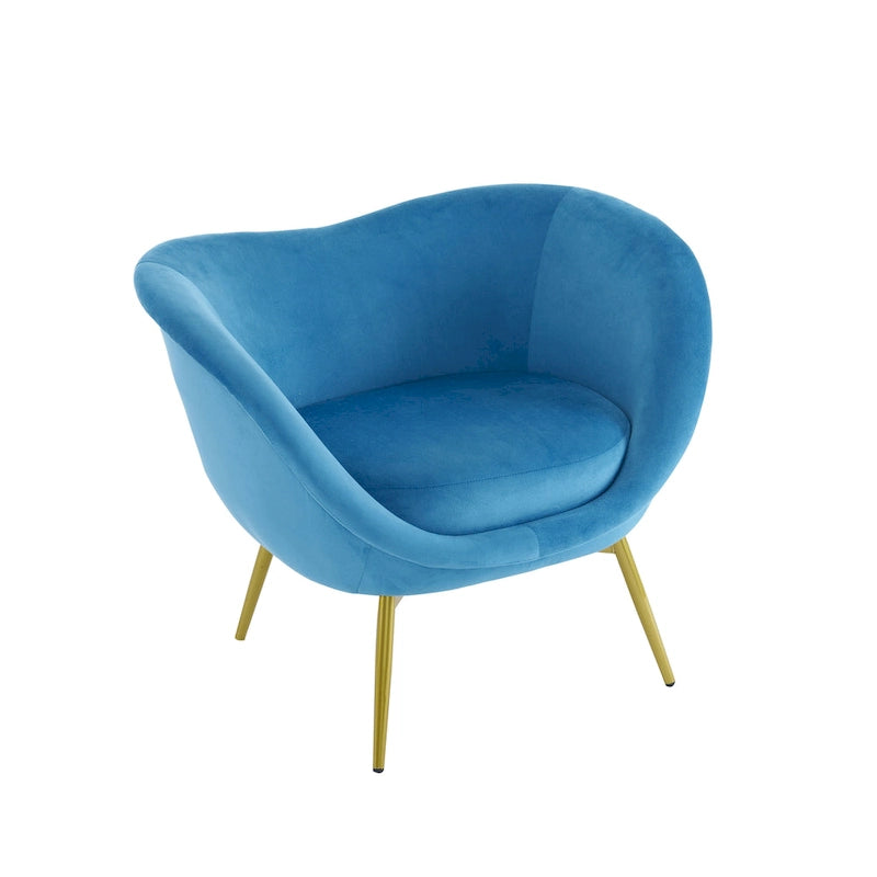 Fauteuil de salon moderne rembourré en peluche avec dossier incurvé et pieds dorés.