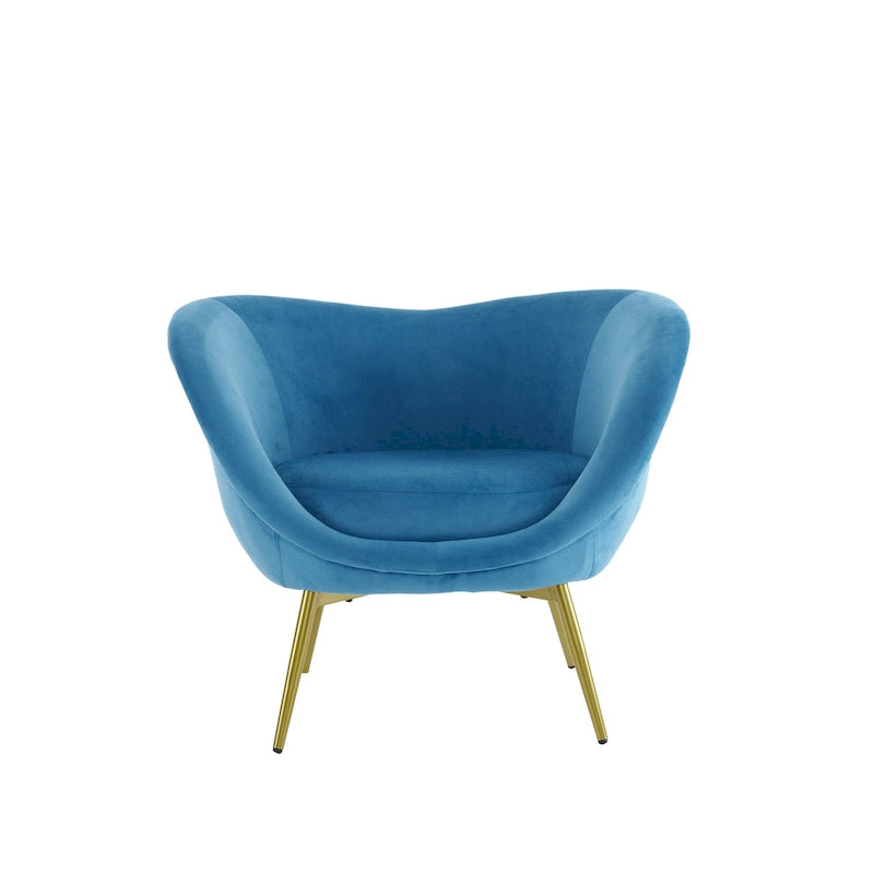 Fauteuil de salon moderne rembourré en peluche avec dossier incurvé et pieds dorés.