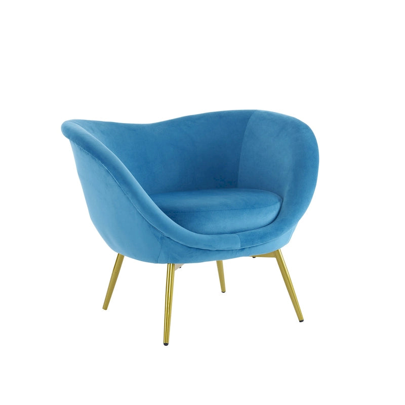 Fauteuil de salon moderne rembourré en peluche avec dossier incurvé et pieds dorés.