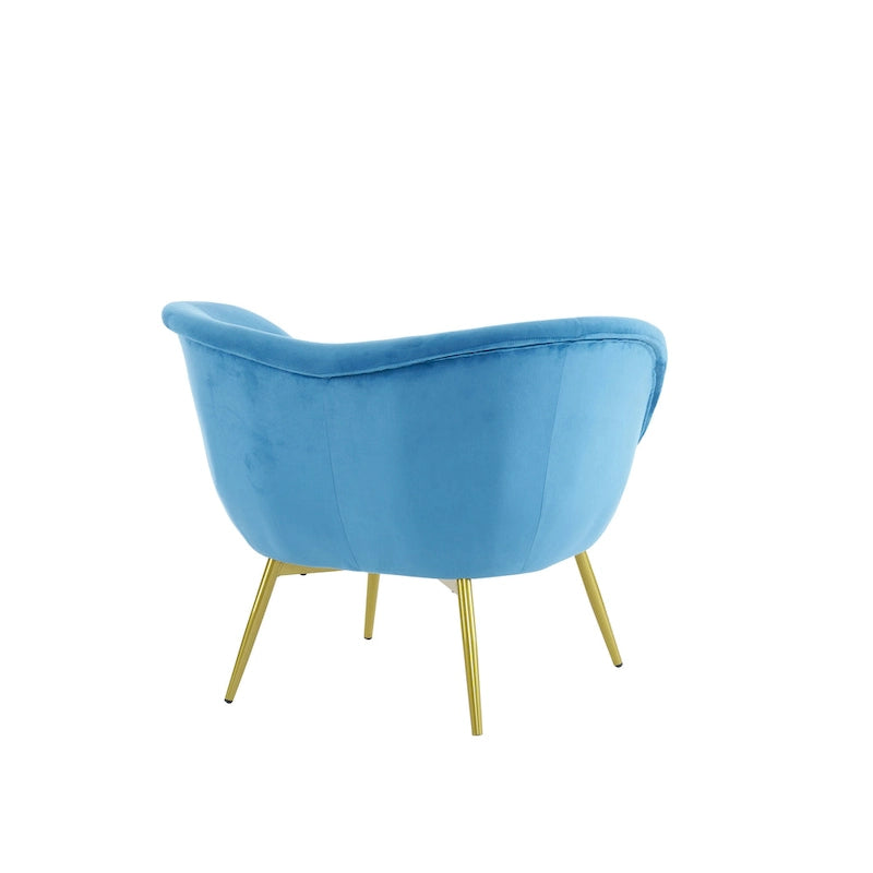 Fauteuil de salon moderne rembourré en peluche avec dossier incurvé et pieds dorés.