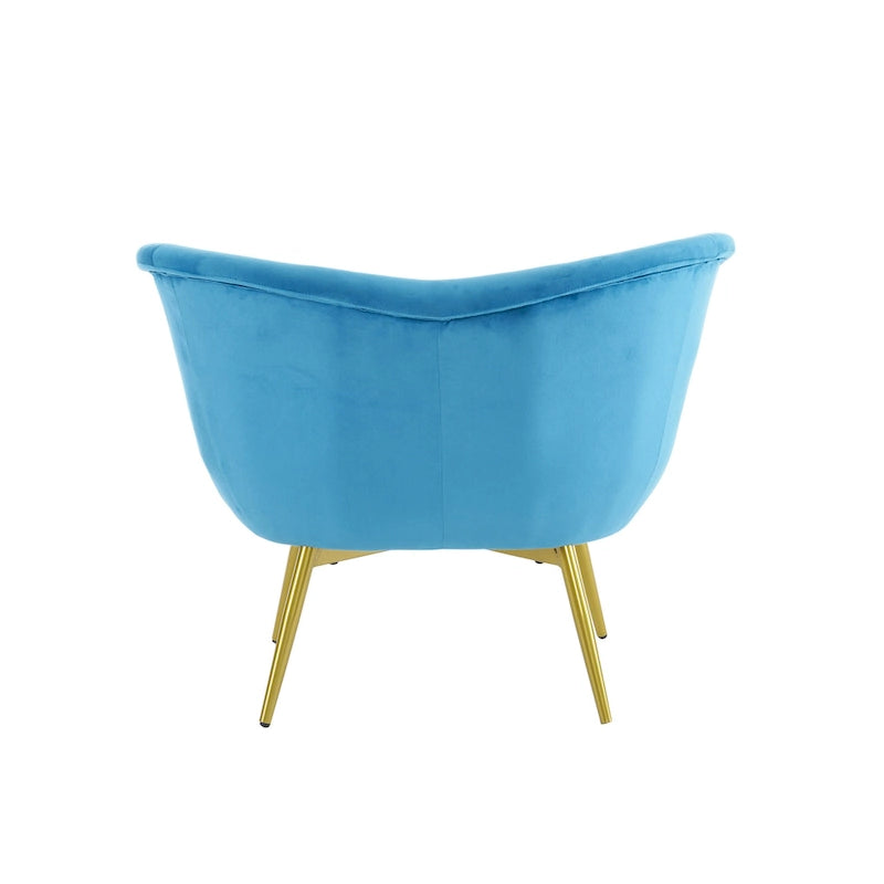 Fauteuil de salon moderne rembourré en peluche avec dossier incurvé et pieds dorés.