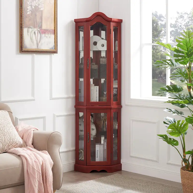 Vitrine d'angle avec éclairage, portes et étagères en verre trempé