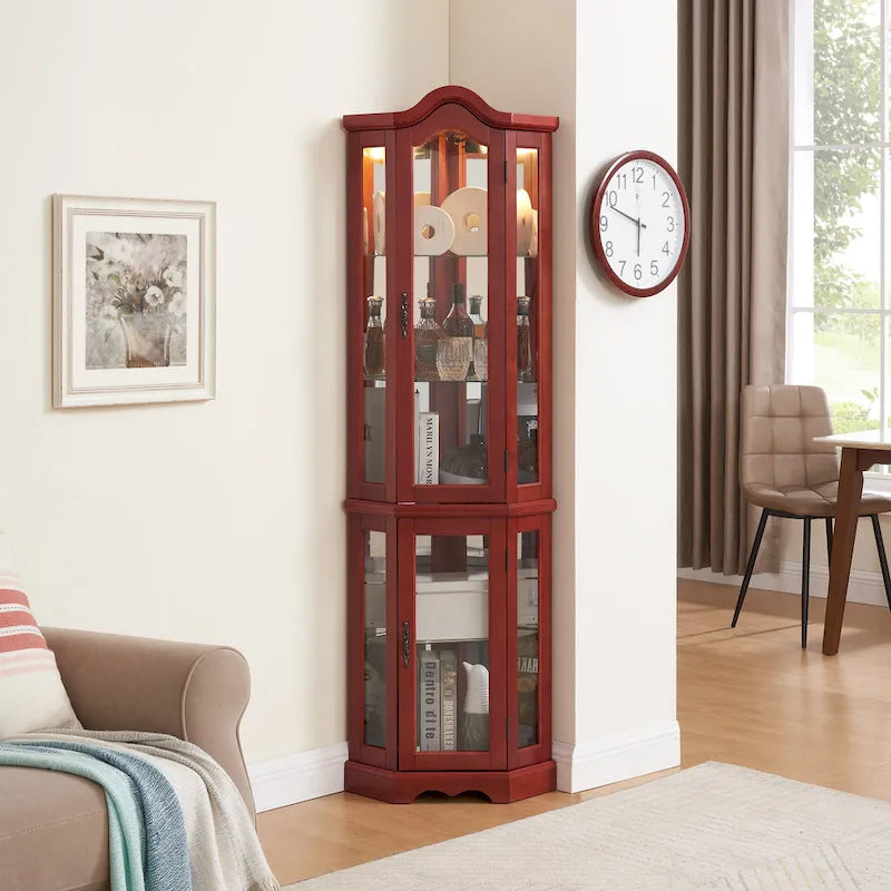 Vitrine d'angle avec éclairage, portes et étagères en verre trempé