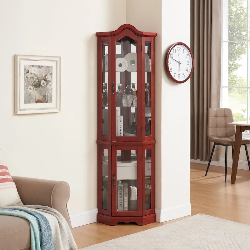 Vitrine d'angle avec éclairage, portes et étagères en verre trempé