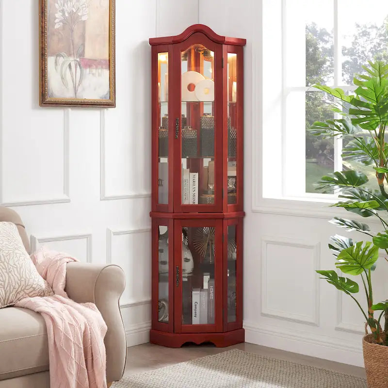 Vitrine d'angle avec éclairage, portes et étagères en verre trempé