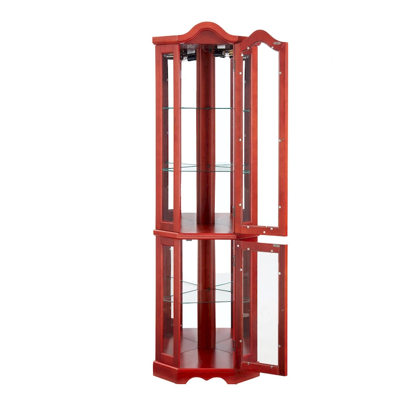 Vitrine d'angle avec éclairage, portes et étagères en verre trempé