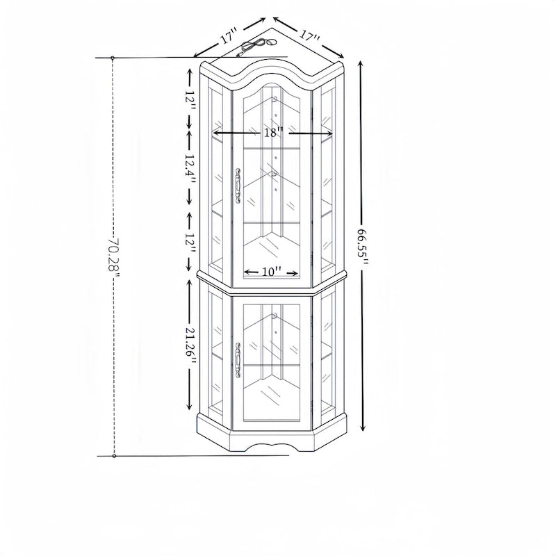Vitrine d'angle avec éclairage, portes et étagères en verre trempé