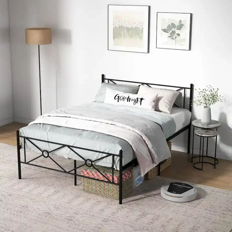 Lit plateforme en métal avec cadre, tête de lit et matelas