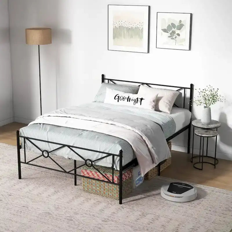 Lit plateforme en métal avec cadre, tête de lit et matelas