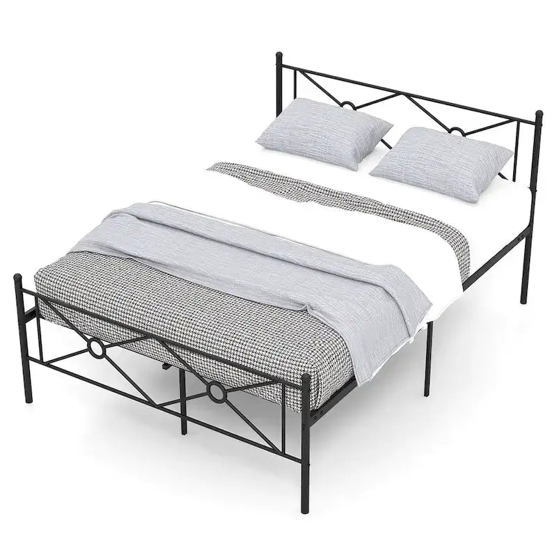 Lit plateforme en métal avec cadre, tête de lit et matelas