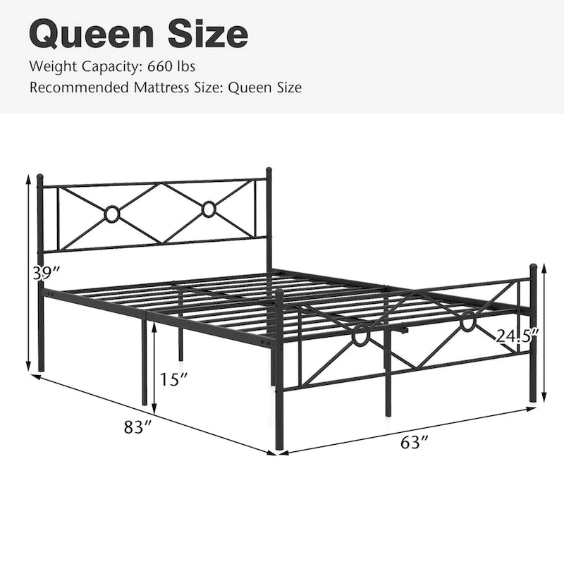 Lit plateforme en métal avec cadre, tête de lit et matelas