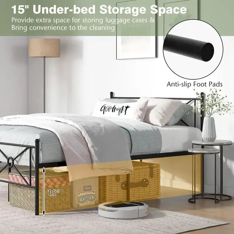 Lit plateforme en métal avec cadre, tête de lit et matelas
