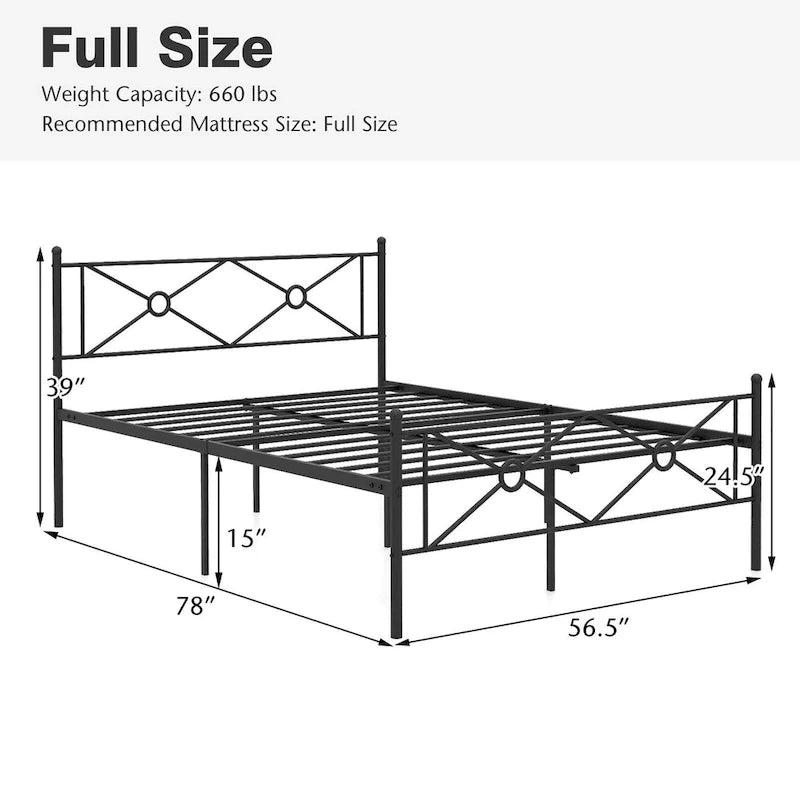 Lit plateforme en métal avec cadre, tête de lit et matelas