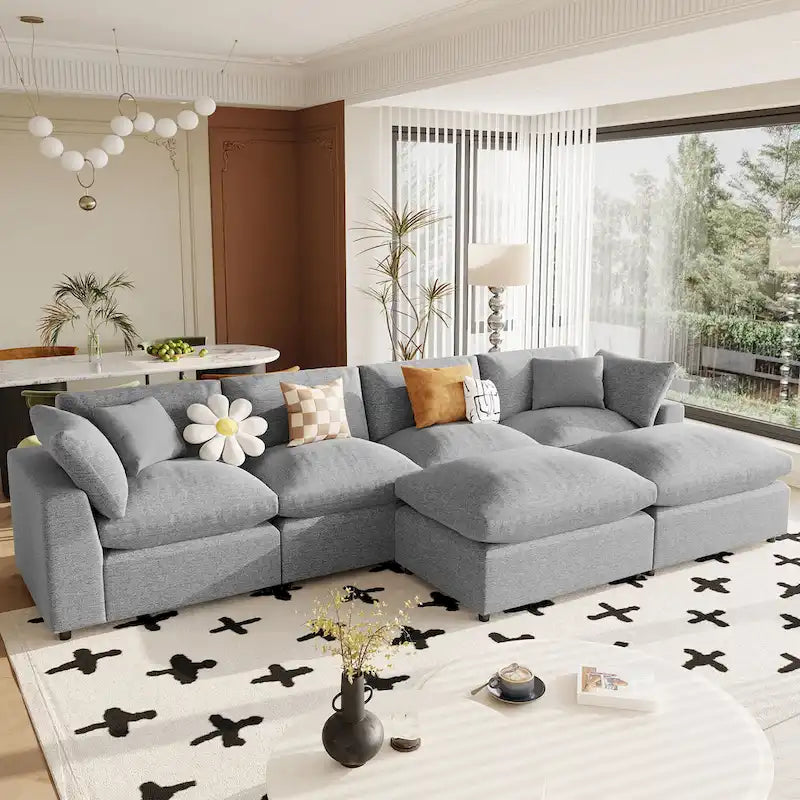 Canapé d'angle avec pouf amovible et coussins moelleux