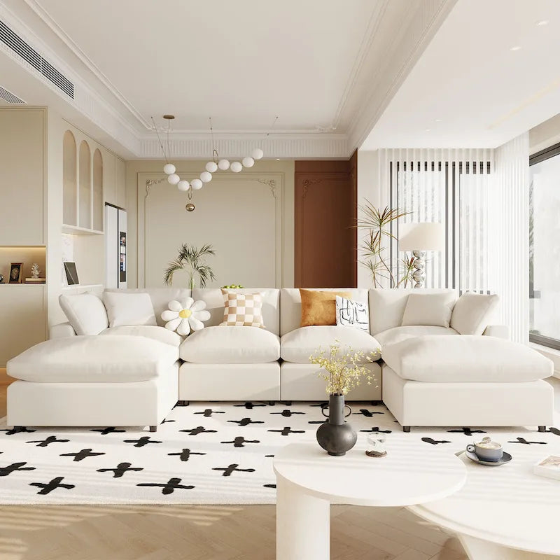 Canapé d'angle avec pouf amovible et coussins moelleux
