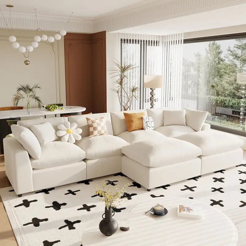 Canapé d'angle avec pouf amovible et coussins moelleux
