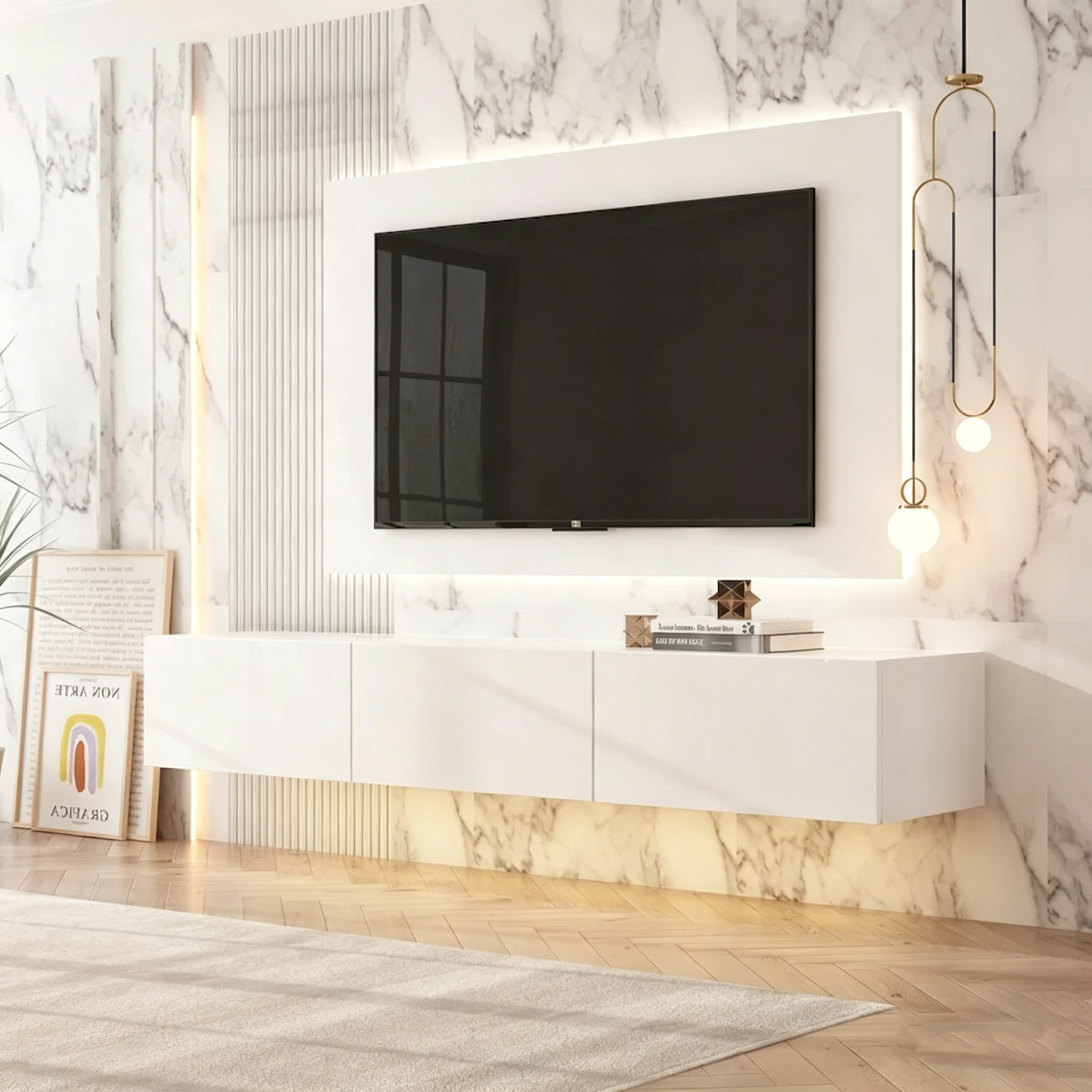 Meuble TV mural flottant 63 pouces, meuble TV LED mural avec finition brillante