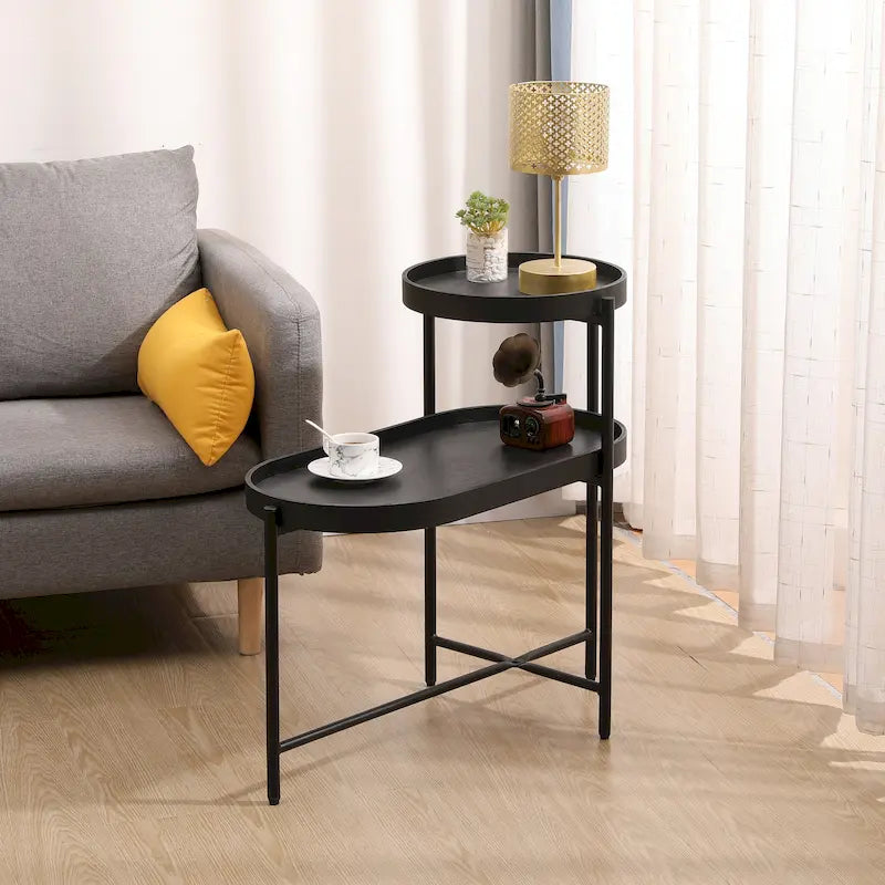 Table d'appoint noire à double niveau avec rangement