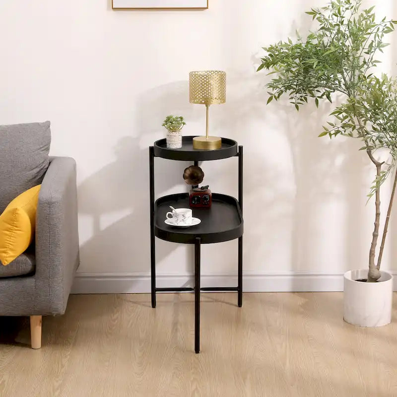 Table d'appoint noire à double niveau avec rangement