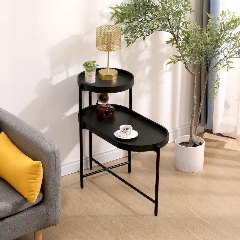 Table d'appoint noire à double niveau avec rangement