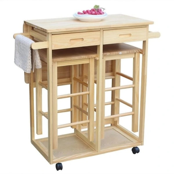 Chariot de cuisine pliant en bois à roulettes