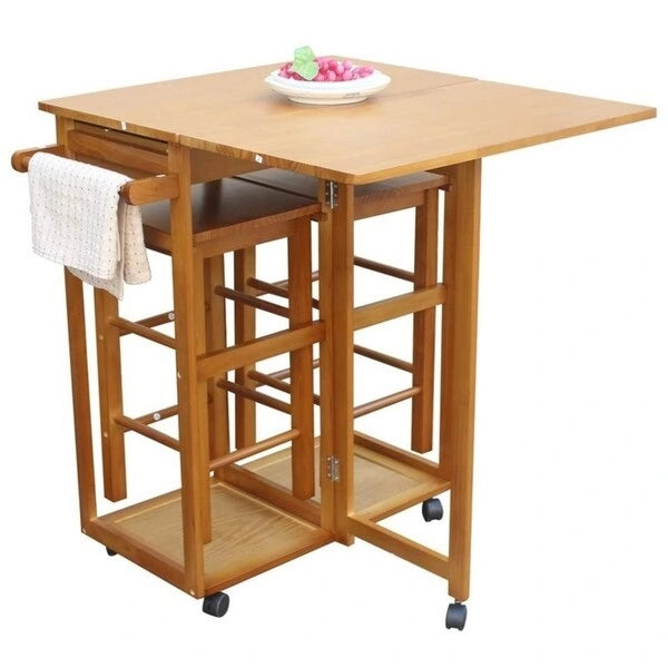 Chariot de cuisine pliant en bois à roulettes