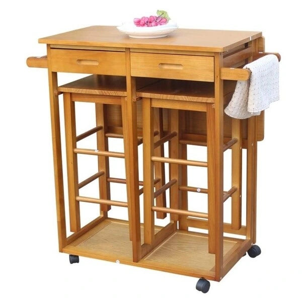 Chariot de cuisine pliant en bois à roulettes