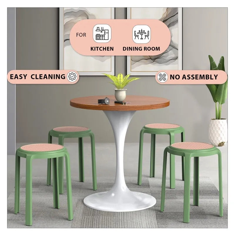 Tabourets de salle à manger ronds en plastique avec assise en rotin
