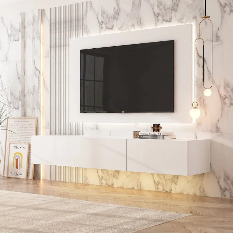 63 Floating Entertainment Center, Wall Mount LED TV Stand High Gloss
