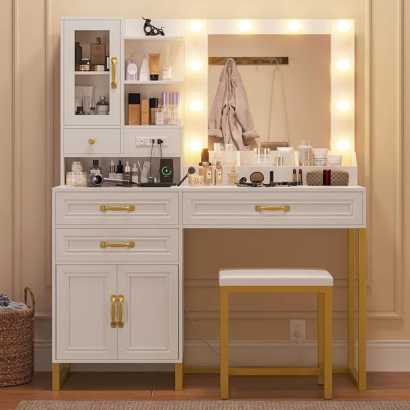 Lampe de coiffeuse, miroir, banc, station de charge