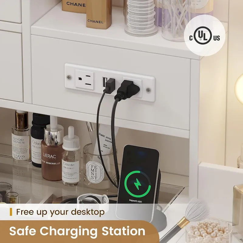 Lampe de coiffeuse, miroir, banc, station de charge