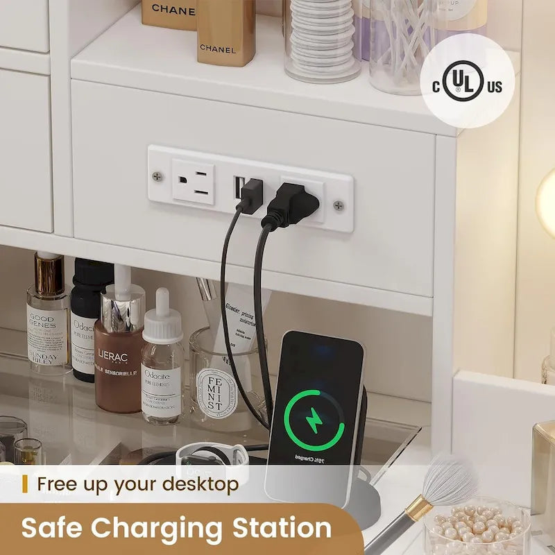 Lampe de coiffeuse, miroir, banc, station de charge