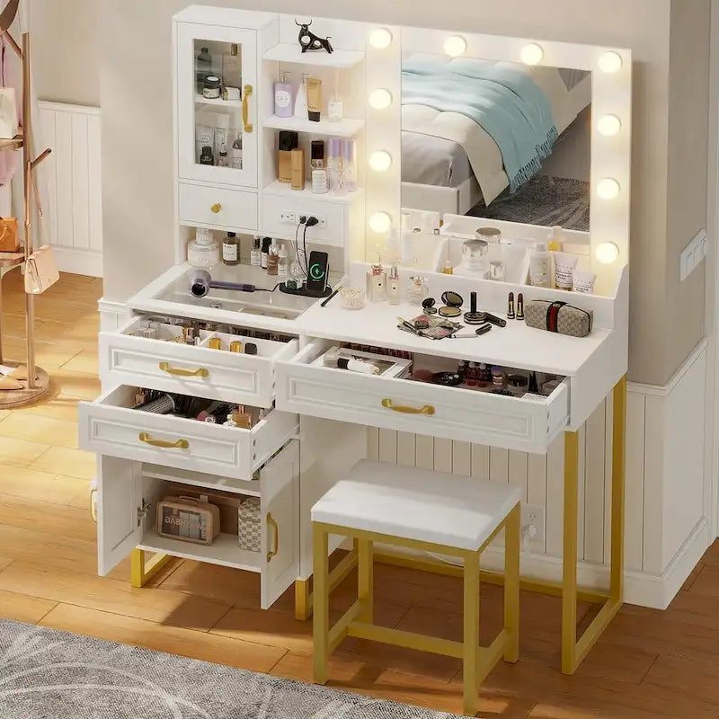 Lampe de coiffeuse, miroir, banc, station de charge
