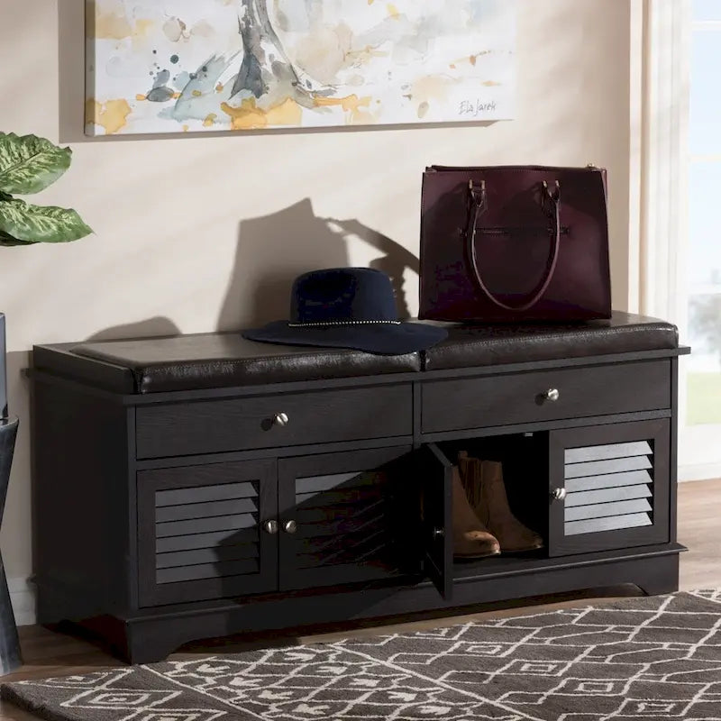 Banc de meuble à chaussures double tiroir en bois marron foncé moderne minimaliste