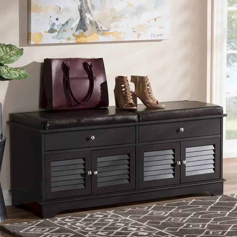 Banc de meuble à chaussures double tiroir en bois marron foncé moderne minimaliste