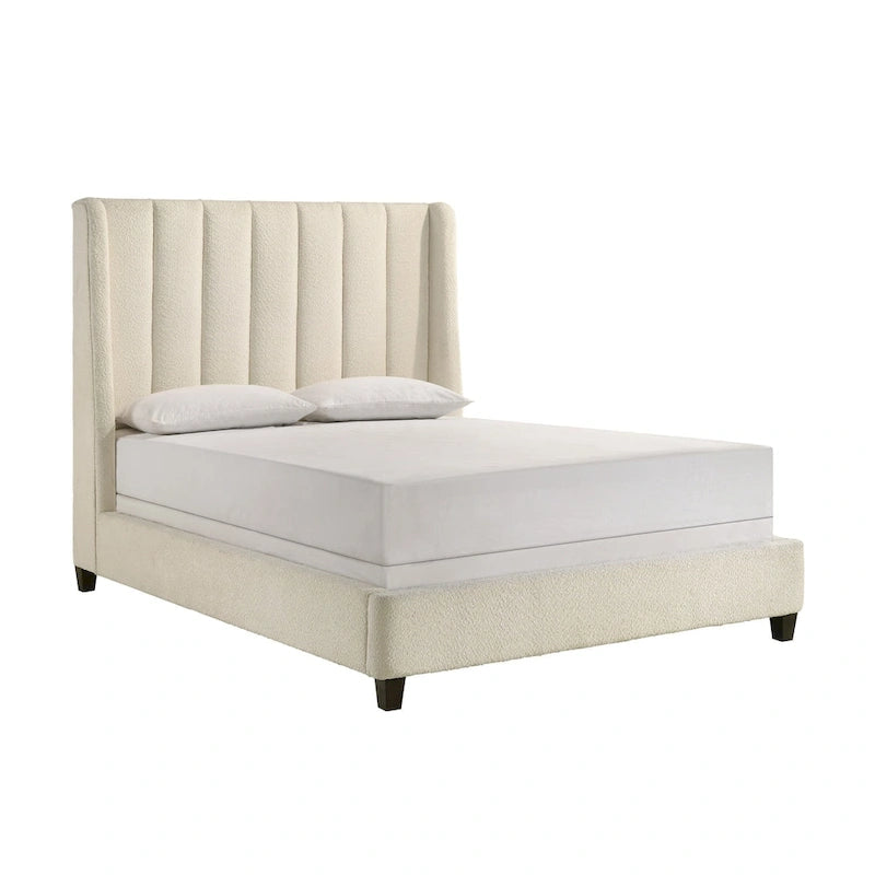 Lit queen-size, à oreilles, capitonné, revêtement beige