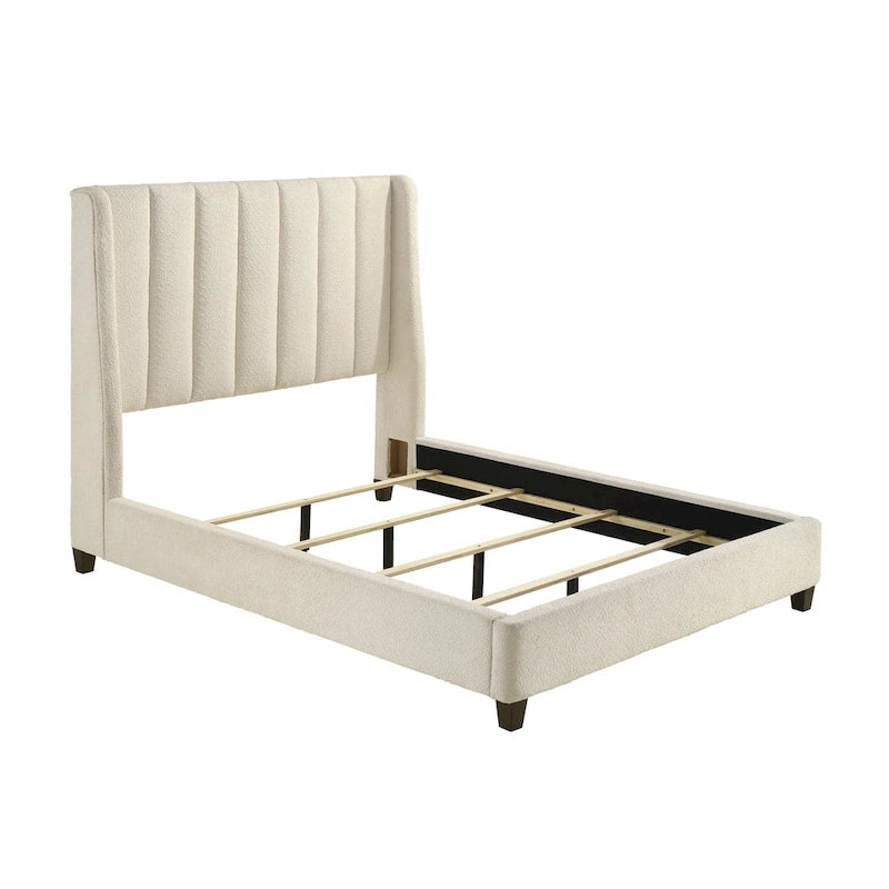 Lit queen-size, à oreilles, capitonné, revêtement beige