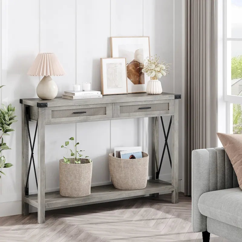 Table d'entrée, Console en bois pour canapé avec tiroirs de rangement