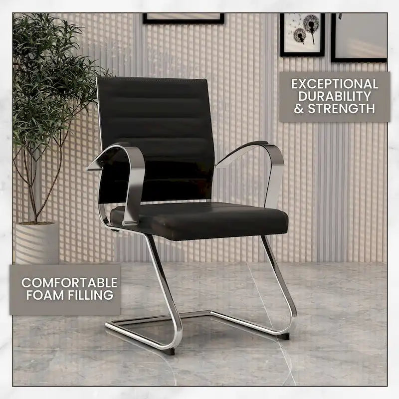 Fauteuil de bureau en cuir véritable avec piètement luge en acier inoxydable