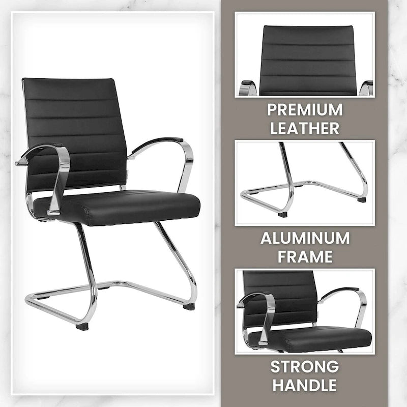 Fauteuil de bureau en cuir véritable avec piètement luge en acier inoxydable