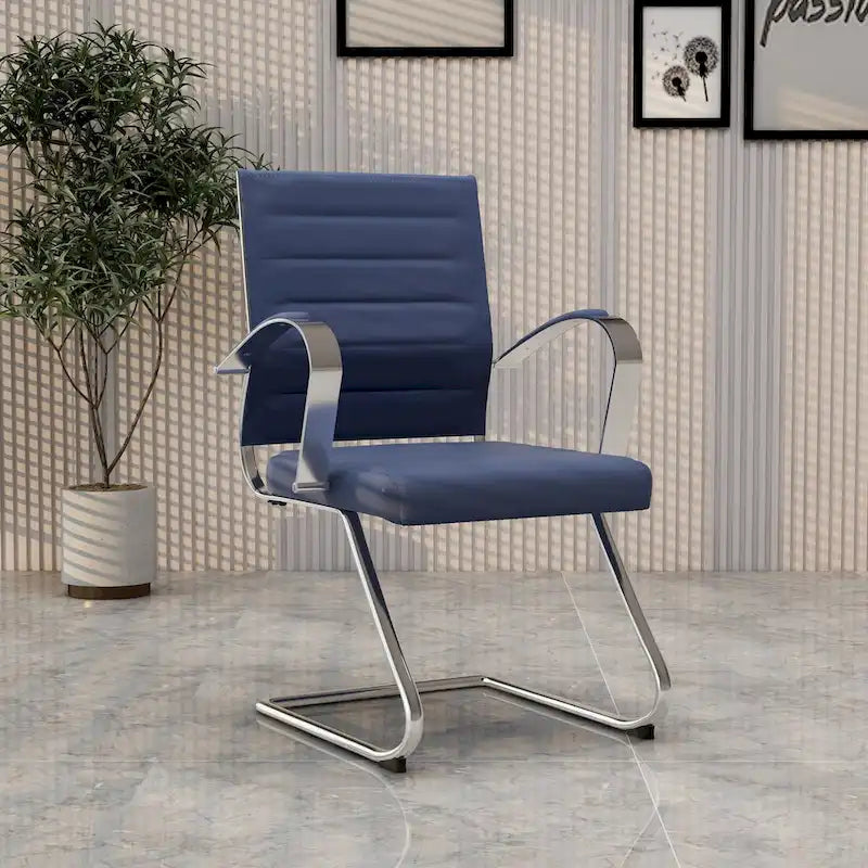 Fauteuil de bureau en cuir véritable avec piètement luge en acier inoxydable