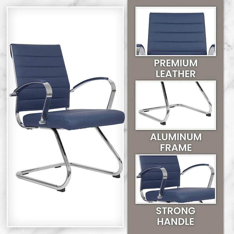 Fauteuil de bureau en cuir véritable avec piètement luge en acier inoxydable