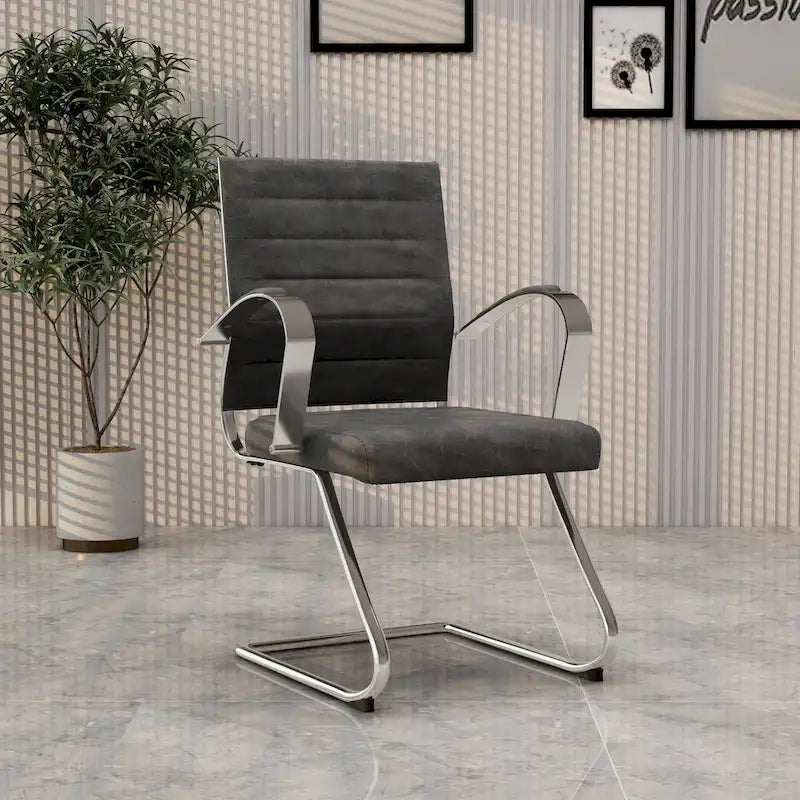 Fauteuil de bureau en cuir véritable avec piètement luge en acier inoxydable