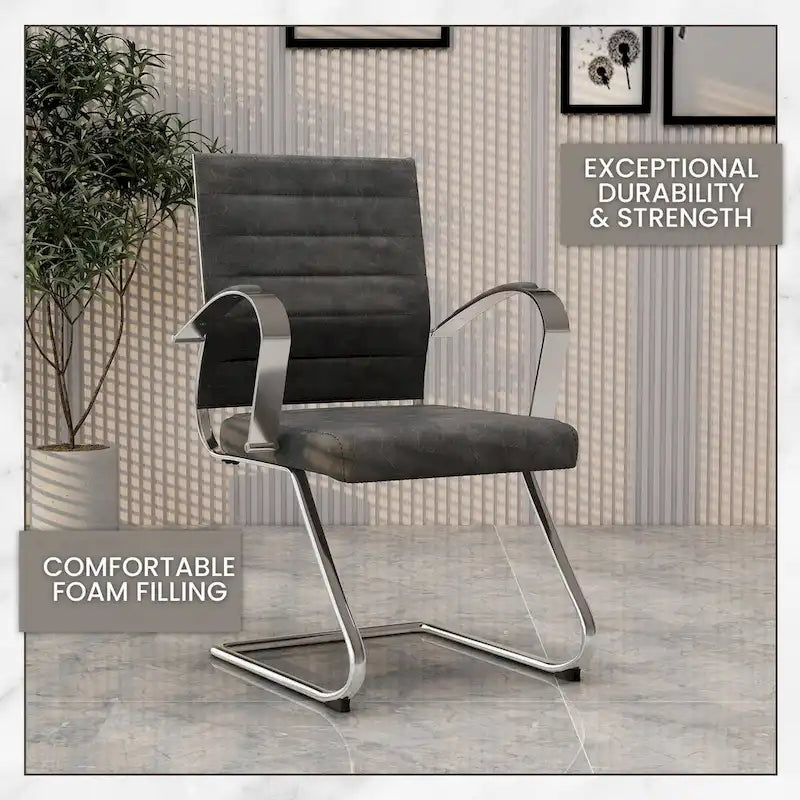 Fauteuil de bureau en cuir véritable avec piètement luge en acier inoxydable